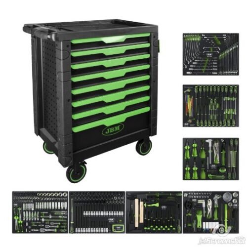 Dulap mobil verde cu 8 sertare, echipat cu 289 scule in module cu finisaj din fibra de carbon