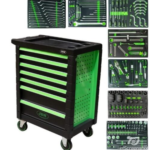 Dulap mobil verde cu 7 sertare, echipat cu 224 scule pentru camioane